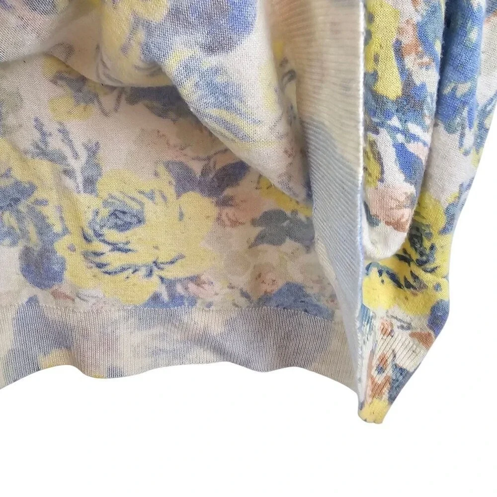 Joie Floral Ribbed‎ Sweater Womens S Blue Yellow Bloom Roses Wool Blend Pullover